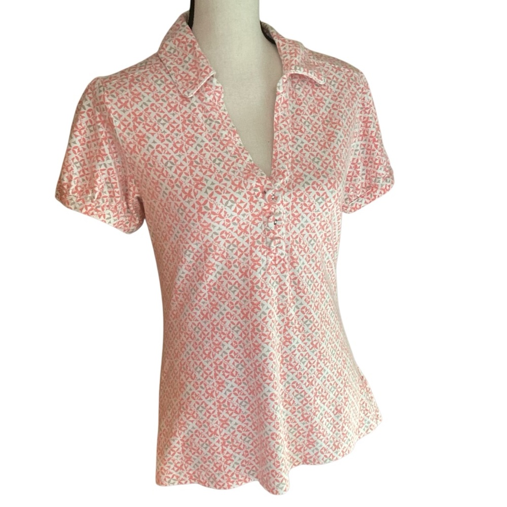 Sonoma Life+Style Stretchy Split V Neck Short Sleeve Shirt Medium Coral White‎